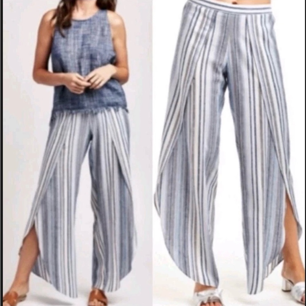 Anthropology DREW Blue and White Wide Leg Pants with Side Slits